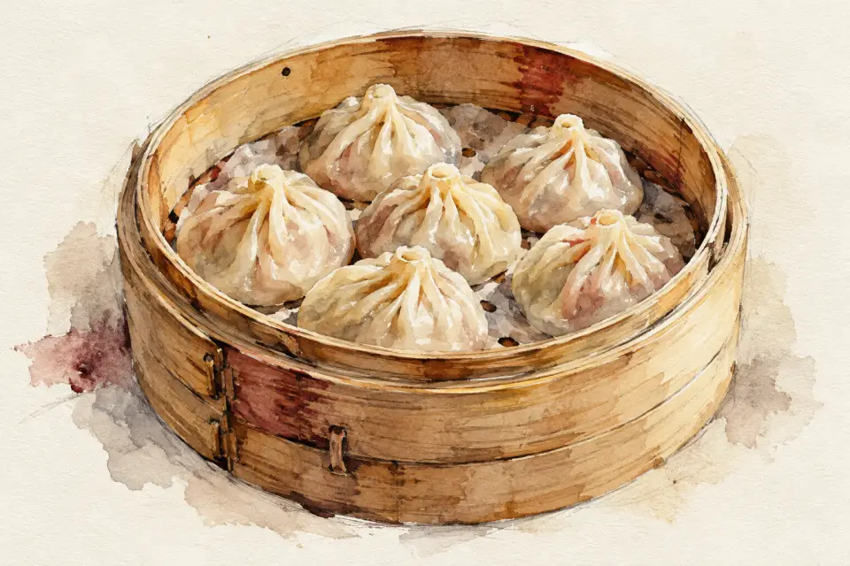 대나무 찜기에 담긴 만두 수채화
