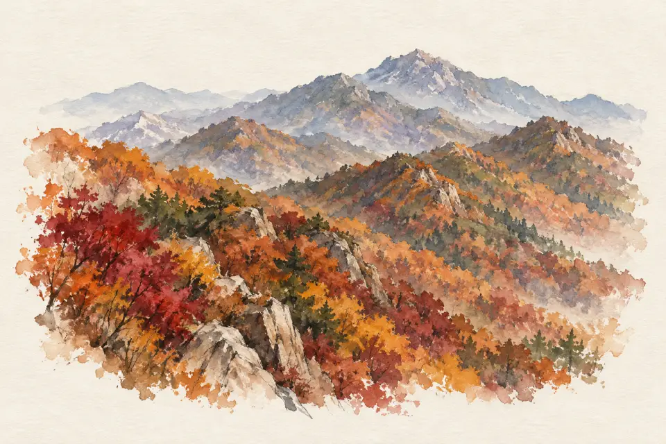 단풍 든 산줄기 수채화